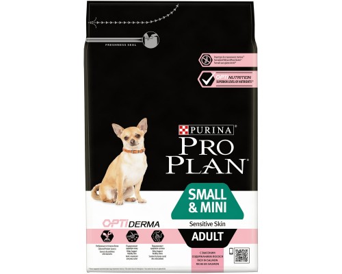 Корм Purina Pro Plan для взрослых собак мелких и карликовых пород с чувствительной кожей, с высоким содержанием лосося