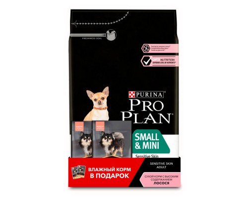 Корм Purina Pro Plan для взрослых собак мелких и карликовых пород с чувствительной кожей, с высоким содержанием лосося