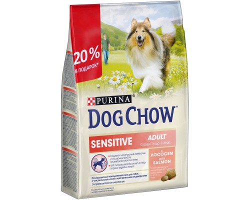 Корм Dog Chow для взрослых собак с чувствительным пищеварением, с лососем