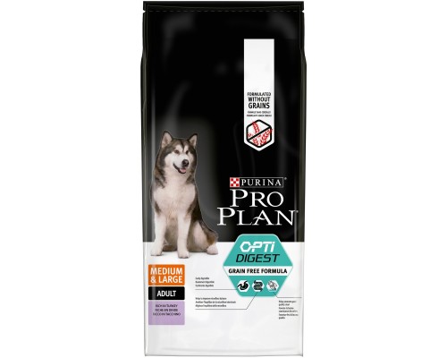 Корм Purina Pro Plan  Grain Free Formula (беззерновой) для взрослых собак средних и крупных пород с чувствительным пищеварением, с высоким содержанием индейки 12 кг