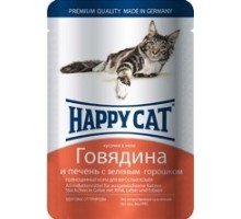 Happy cat кусочки в желе с говядиной, печенью и горохом