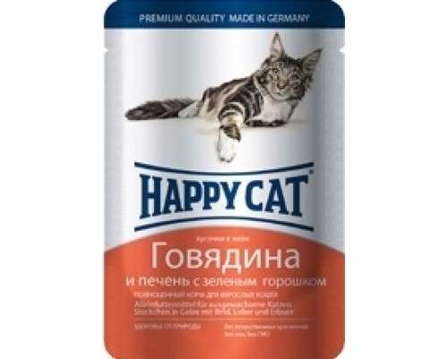 Happy cat кусочки в желе с говядиной, печенью и горохом