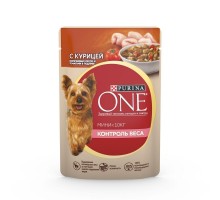 Purina One контроль веса, для взрослых собак мелких пород, с курицей, коричневым рисом и томатами в подливе 85 г