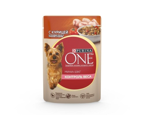 Purina One контроль веса, для взрослых собак мелких пород, с курицей, коричневым рисом и томатами в подливе 85 г