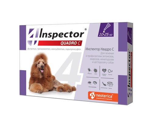 Inspector  Quadro капли на холку для собак весом 10-25 кг от клещей, насекомых, глистов 2.5 мл