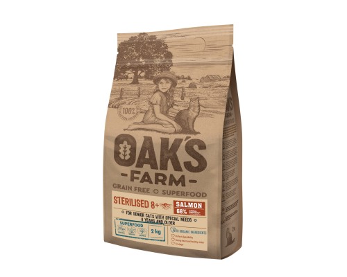 Корм OAKS FARM беззерновой, для стерилизованных пожилых кошек от 8 лет, с лососем 2 кг