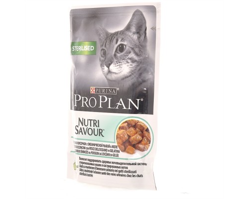 Purina Pro Plan (паучи) влажный корм  Nutri Savour для стерилизованных кошек и кастрированных котов, кусочки с океанической рыбой, в желе