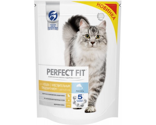 Корм Perfect Fit сухой полнорационный, для взрослых кошек с чувствительным пищеварением, с лососем 650 г