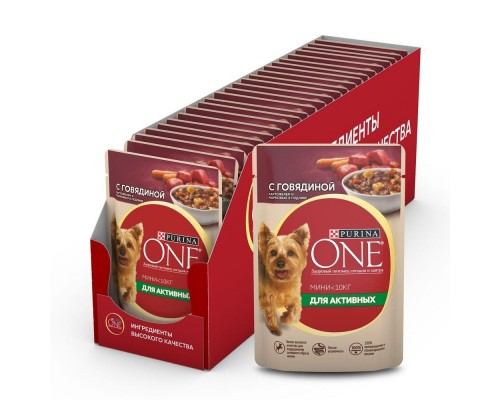 Purina One для активных взрослых собак мелких и карликовых пород, с говядиной, картофелем и морковью в подливе 85 г