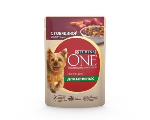 Purina One для активных взрослых собак мелких и карликовых пород, с говядиной, картофелем и морковью в подливе 85 г