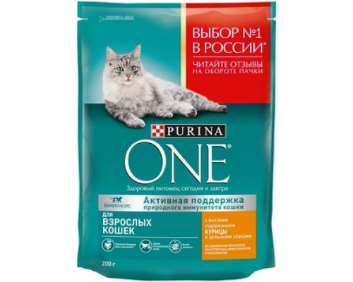 Корм Purina One сухой корм для взрослых кошек, с высоким содержанием курицы и цельными злаками 200 г