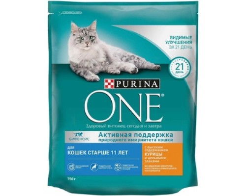 Корм Purina One для кошек старше 11 лет, с высоким содержанием курицы и цельными злаками 750 г