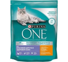 Корм Purina One для взрослых кошек для красивой шерсти, здоровой кожи и контроля образования волосяных комков, с высоким содержанием курицы и цельными злаками 750 г