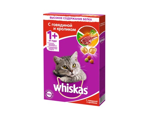 Корм Whiskas сухой корм для взрослых кошек «Вкусные подушечки с нежным паштетом. Аппетитное ассорти с говядиной и кроликом» 1,9 кг