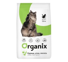 ORGANIX сухой корм для кошек, три вида мяса: курица, утка и лосось 7,5 кг